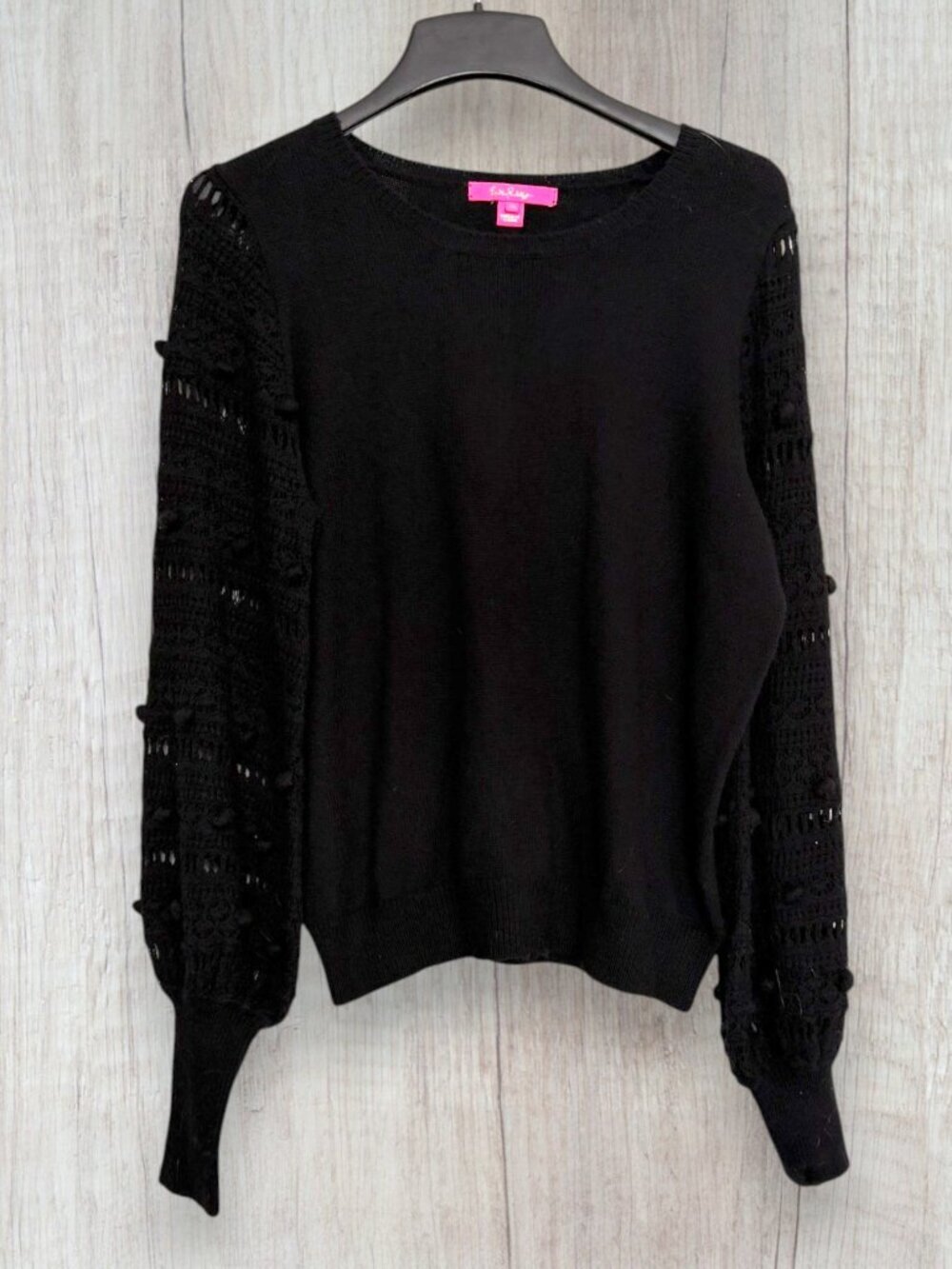 Lilly Pulitzer Lanetta Sweater Black Boho Crochet Textured Sleeve Pullover XL
